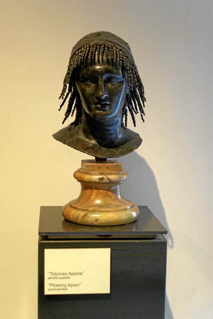 Villa dei Papiri, Herculaneum. Bust of Ptolemy Apion. Found in 1759 on south side of the peristyle.
Now in Naples Archaeological Museum. Inventory number 5598.